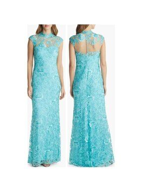 🆕TADASHI SHOJI Embroidered Sheer Lace Gown Aqua 2